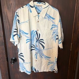 Paradise Collection Mens 100% Silk Tropical Palm Print Button Up Shirt Cream L